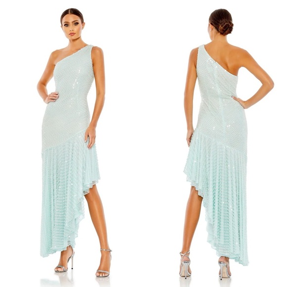 Mac Duggal Seafoam One Shoulder Pearl Embellished Asymmetric Dress - Size 4 - Picture 1 of 4